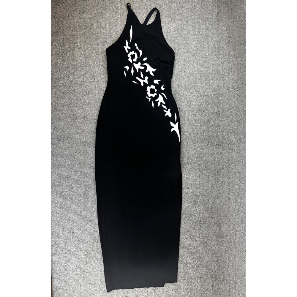 Vtg Nicole Bakti Dress Women Medium Black Floral Applique Halter‎ Maxi Open Back